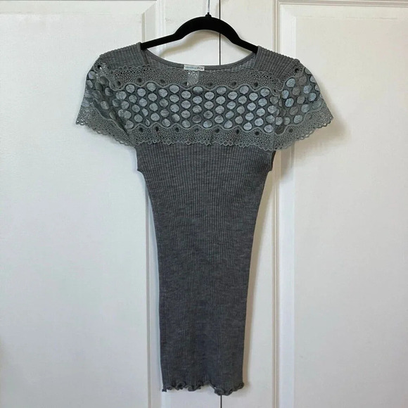 Microwool EGI Tops - Microwool EGI Wool Blend Made in Italy Grey  Lace Detail Short Sleeve Top Y2K